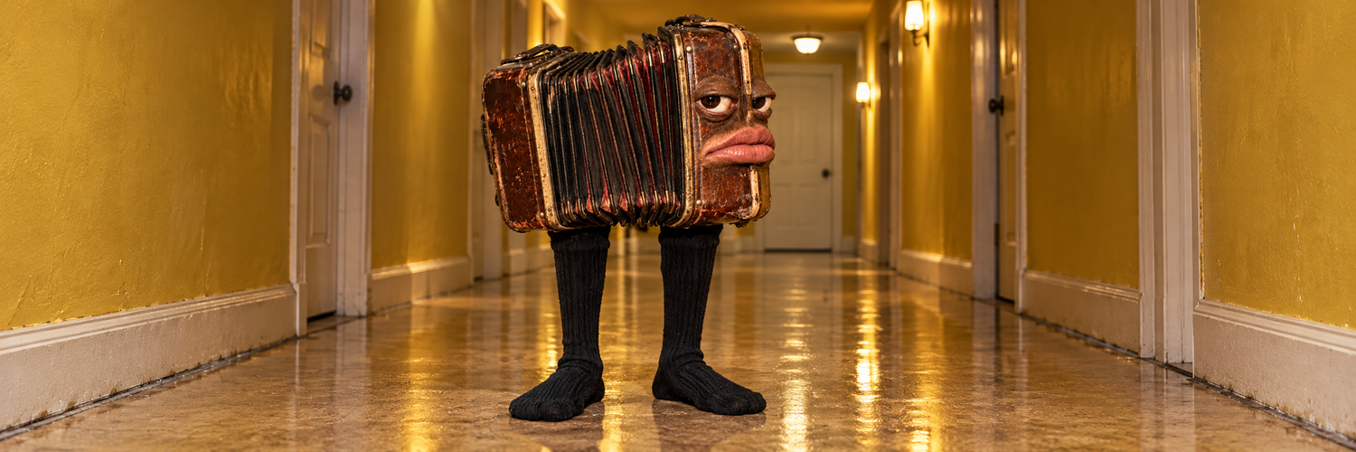 Lil Wheezy, a weary old accordion standing in his warm apartment hallway