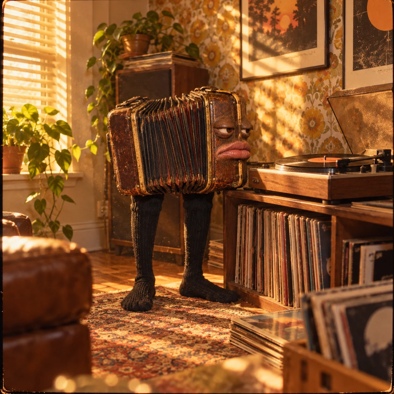 Wheezy listening to records in his apartment