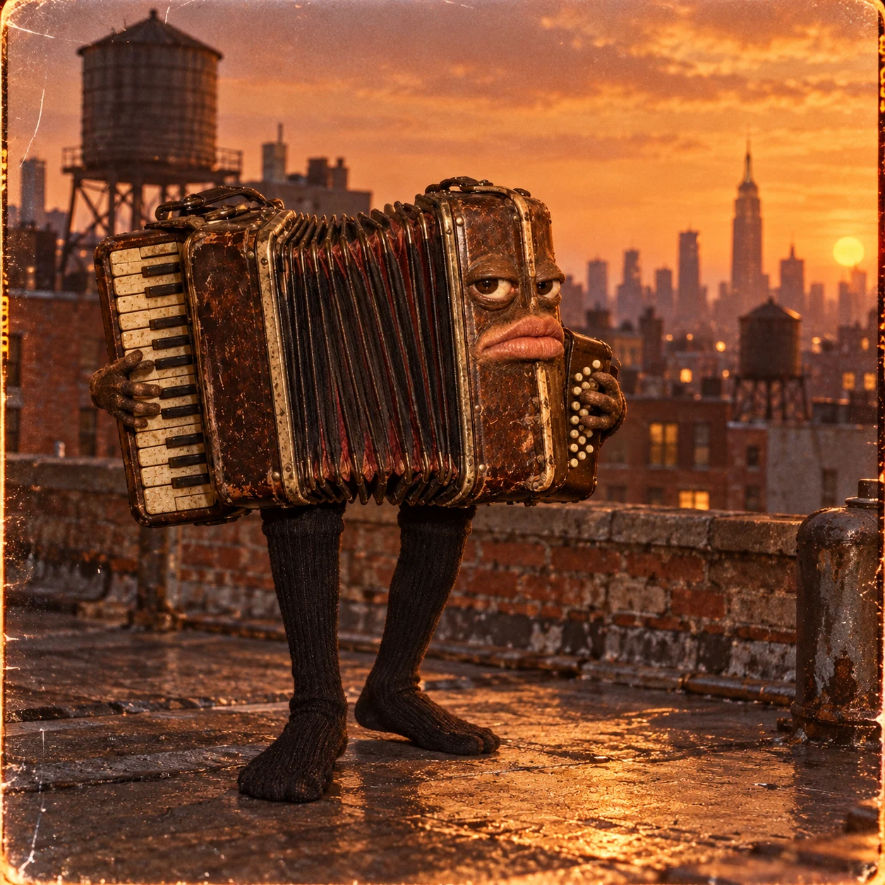 Wheezy playing music on the apartment rooftop at dusk